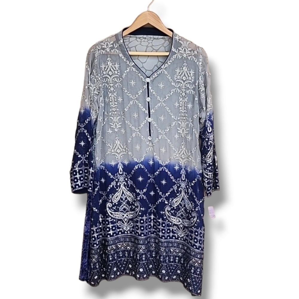 BOLLYWOOD Kurti Silk Dress Tunic L Embroidered DUBAI Custom Wedding Top Y2K - Picture 4 of 16